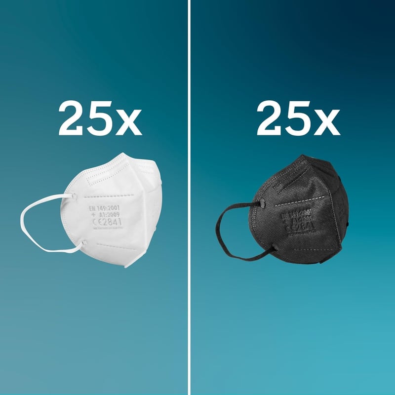 SICURA 50 db FFP2 maszk CE tanúsított fekete fehér olasz gyártás BFE 99%