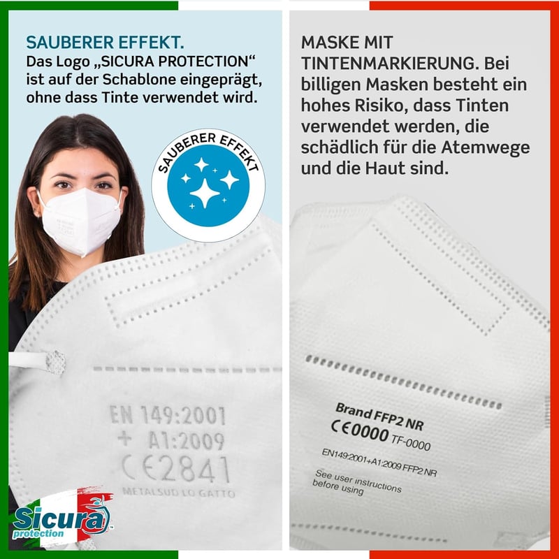 SICURA 50 db FFP2 maszk CE tanúsított fekete fehér olasz gyártás BFE 99%