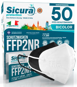 Mască SICURA FFP2, 50 bucăți, certificată CE, alb-negru, producție italiană, BFE 99%
