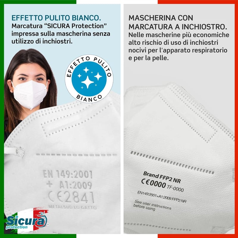SICURA MASCHERINE CHIRURGICHE FFP2 Maszk CE Tanúsított BFE ≥99% Szűrő Orvosi Légzésvédelem