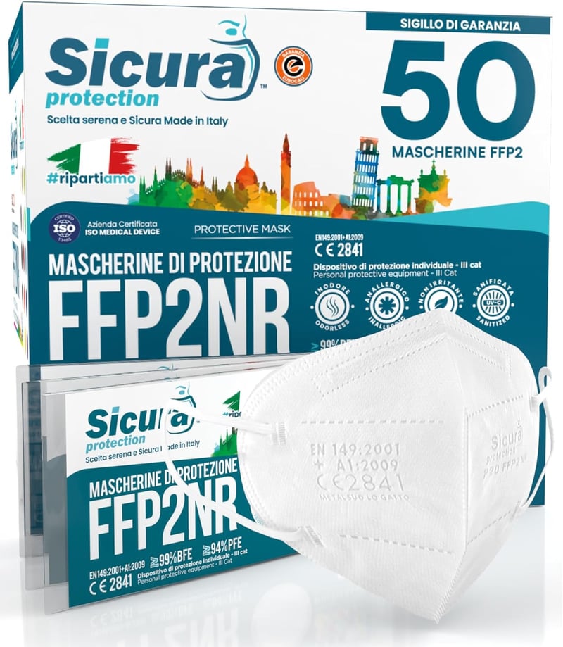 SICURA MASCHERINE CHIRURGICHE FFP2 Maszk CE Tanúsított BFE ≥99% Szűrő Orvosi Légzésvédelem
