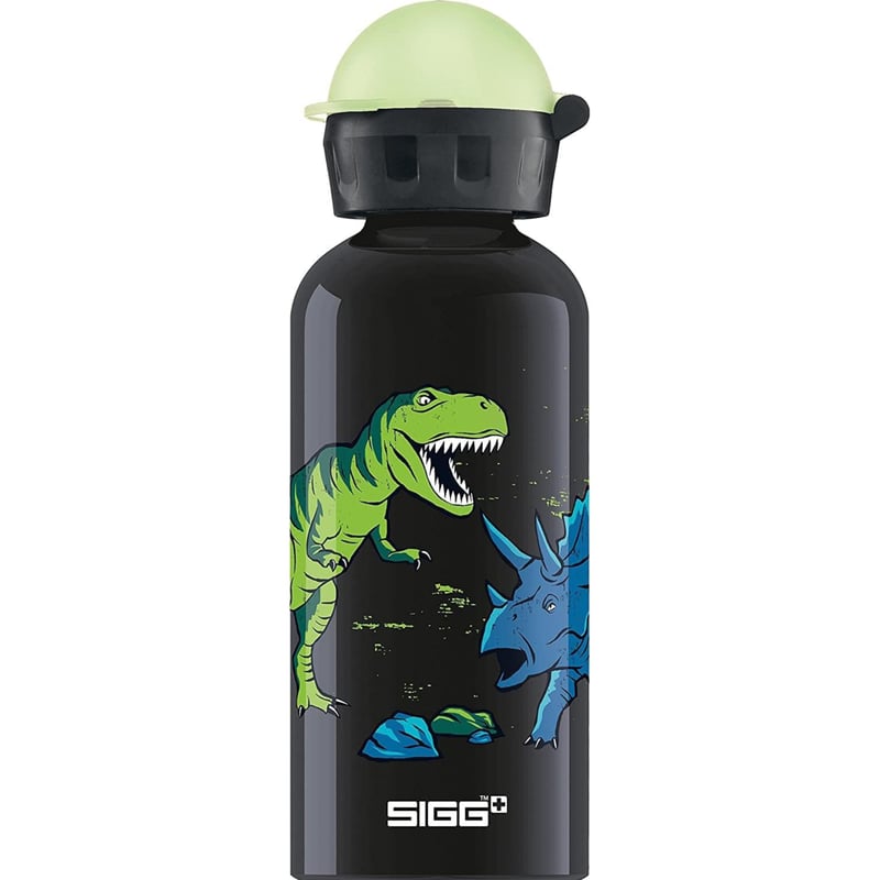 Detská hliníková fľaša Sigg KBT Glow Dinosaurs – svieti v tme – nepriepustná – bez BPA – čierna s dinosaurami – 0,3 l