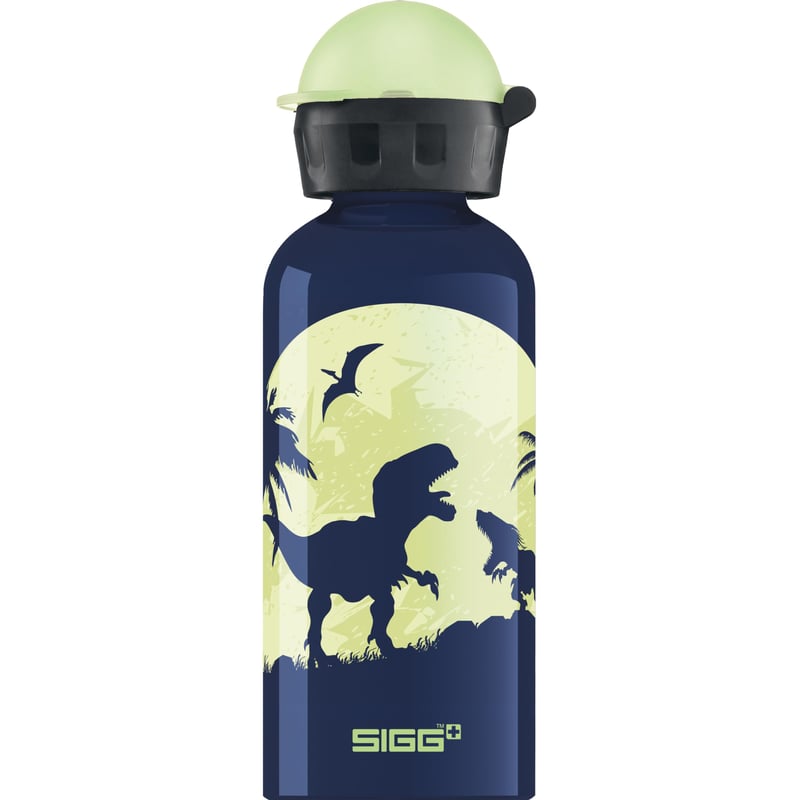 Detská hliníková fľaša Sigg KBT Glow Moon Dinos – modrá s dinosaurami – 0,4 l