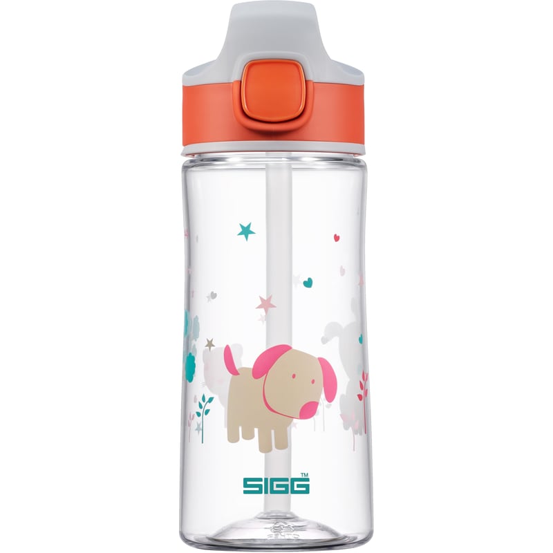 Detská fľaša na vodu SIGG Miracle Puppy Tritan so slamkou – oranžová, s motívom psa – 0,45 l – nepriepustná, bez BPA, vhodná do umývačky riadu