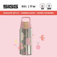Sticlă termoizolantă pentru copii Sigg Shield Therm One Fly Away - pentru băuturi carbogazoase - etanșă - lavabilă în mașina de spălat vase - fără BPA - 90% oțel inoxidabil reciclat - model cu păsări Brushed Pink - 0,5L 2