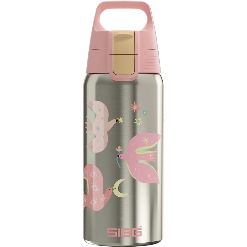 Sticlă termoizolantă pentru copii Sigg Shield Therm One Fly Away - pentru băuturi carbogazoase - etanșă - lavabilă în mașina de spălat vase - fără BPA - 90% oțel inoxidabil reciclat - model cu păsări Brushed Pink - 0,5L