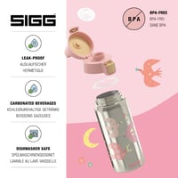 Sticlă termoizolantă pentru copii Sigg Shield Therm One Fly Away - pentru băuturi carbogazoase - etanșă - lavabilă în mașina de spălat vase - fără BPA - 90% oțel inoxidabil reciclat - model cu păsări Brushed Pink - 0,5L 3
