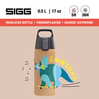Detská termoska Sigg Shield Therm One Rawsome – na sýtené nápoje, nepriepustná, vhodná do umývačky riadu, bez BPA, 90 % recyklovanej nehrdzavejúcej ocele, pieskovo hnedá s dinosaurami, 0,5 l 2