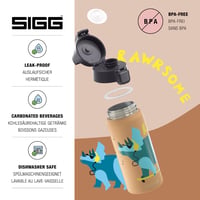 Detská termoska Sigg Shield Therm One Rawsome – na sýtené nápoje, nepriepustná, vhodná do umývačky riadu, bez BPA, 90 % recyklovanej nehrdzavejúcej ocele, pieskovo hnedá s dinosaurami, 0,5 l 3