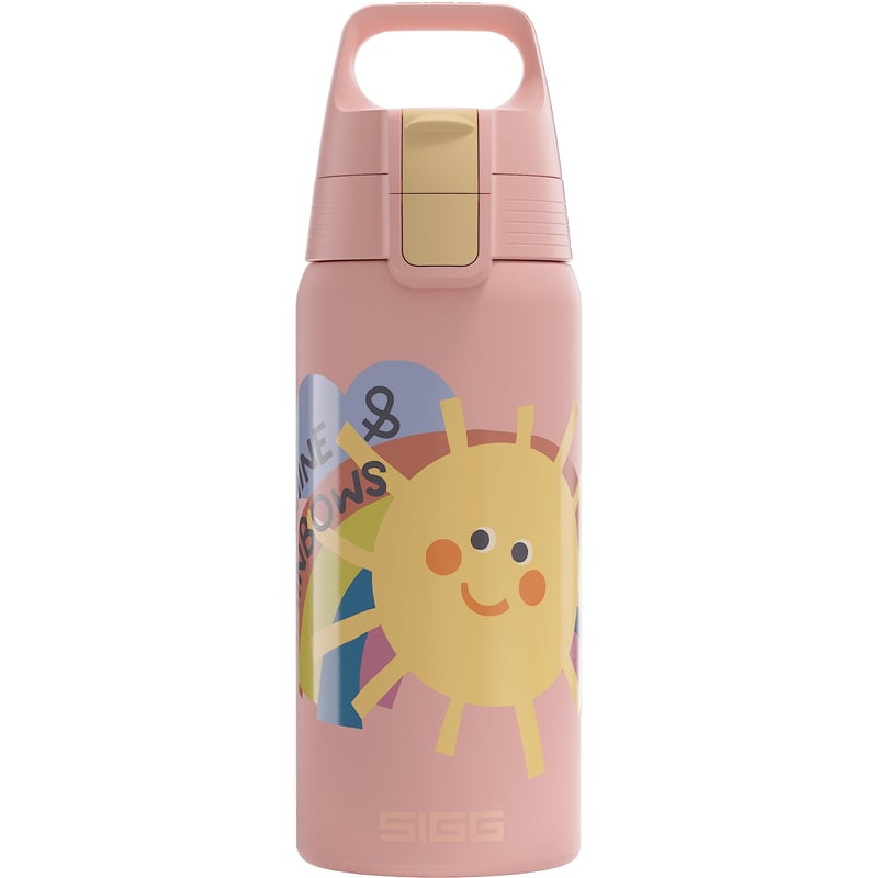 Sticlă termoizolantă pentru copii SIGG Shield Therm One Sunshine - pentru băuturi carbogazoase - etanșă - compatibilă cu mașina de spălat vase - fără BPA - 90% oțel inoxidabil reciclat - roz deschis cu soare - 0,5L