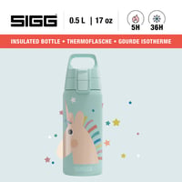 Sticlă termoizolantă pentru copii Sigg Shield Therm One Uni Stars – pentru băuturi carbogazoase, etanșă, lavabilă în mașina de spălat vase, fără BPA, 90% oțel reciclat, design unicorn aqua, 0,5 L 2