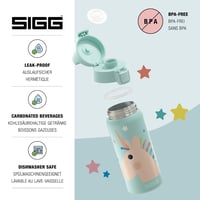 Sticlă termoizolantă pentru copii Sigg Shield Therm One Uni Stars – pentru băuturi carbogazoase, etanșă, lavabilă în mașina de spălat vase, fără BPA, 90% oțel reciclat, design unicorn aqua, 0,5 L 3