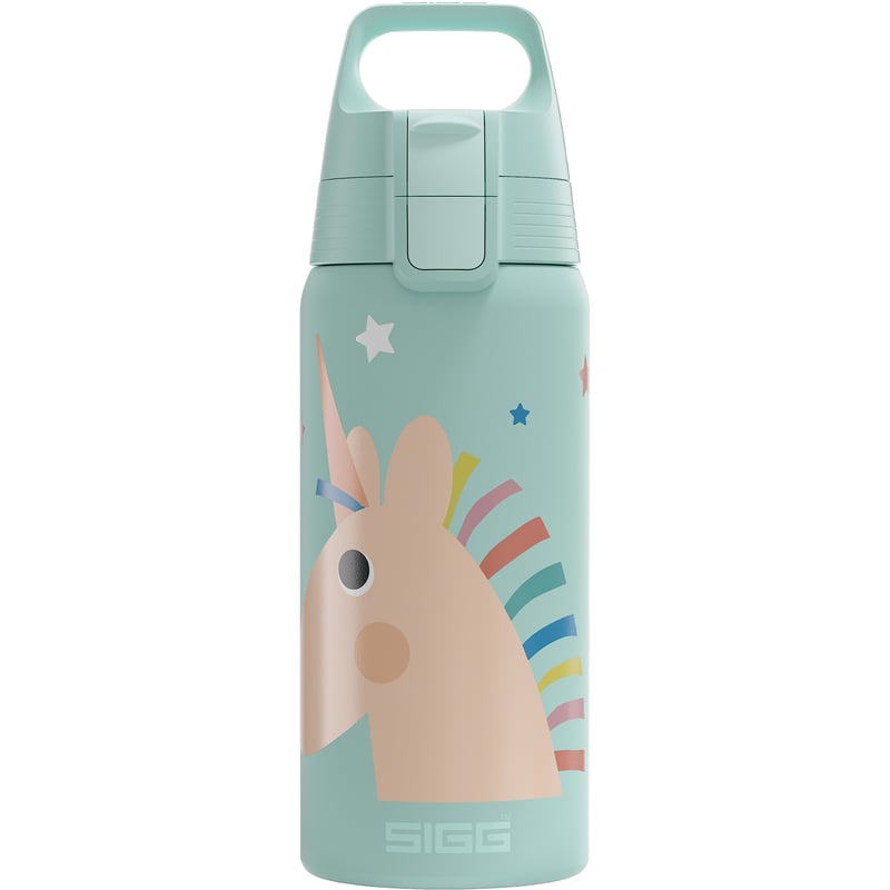 Sticlă termoizolantă pentru copii Sigg Shield Therm One Uni Stars – pentru băuturi carbogazoase, etanșă, lavabilă în mașina de spălat vase, fără BPA, 90% oțel reciclat, design unicorn aqua, 0,5 L