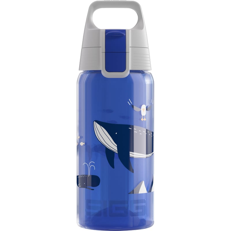 Bidon pentru copii Sigg Viva One Blue Whale 0,5 L – potrivit și pentru băuturi carbogazoase, etanș, lavabil în mașina de spălat vase, fără BPA, cu balenă albastră