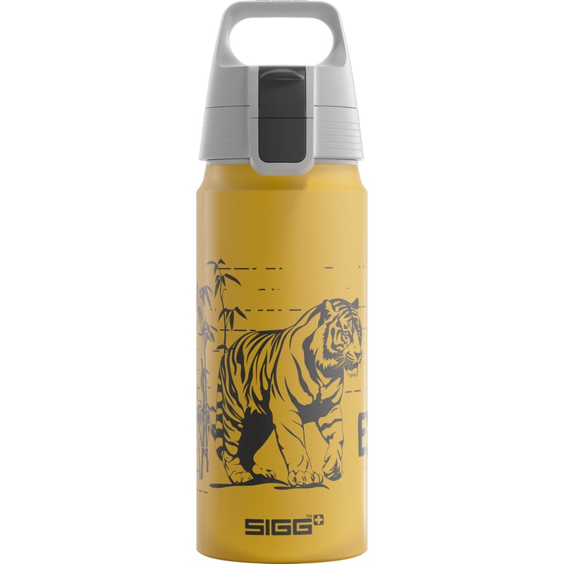 Detská hliníková fľaša SIGG WMB ONE Brave Tiger, žltá, 0,6 l – preliačina na dne — na dne sa nachádza preliačina (stav: pozri 2. obrázok)