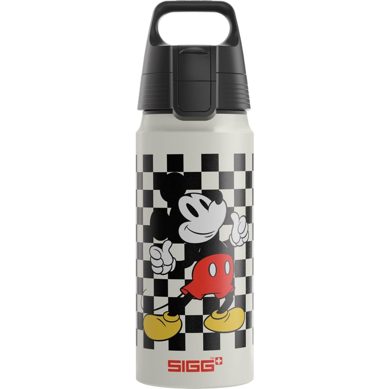 Sticlă pentru copii Sigg WMB ONE Mickey Retro din aluminiu – Alb-Negru, 0,6 L – Pentru băuturi carbogazoase, fără BPA, etanșă