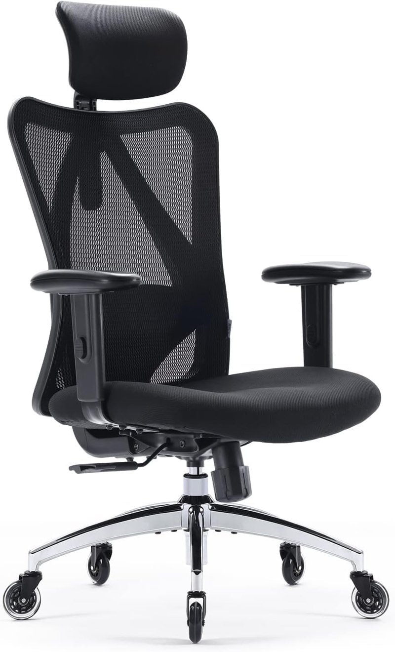 Ergonomická kancelárska stolička SIHOO s nastaviteľnou bedrovou opierkou, opierkou hlavy a lakťovými opierkami, nastavením výšky a funkciou hojdania, nosnosť 150 kg, otočná stolička