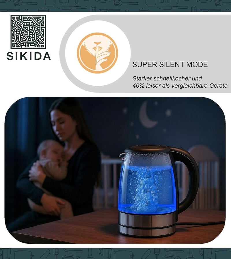 Sikida 1.8L üveg vízforraló LED világítással, 360° forgatható alap, BPA-mentes