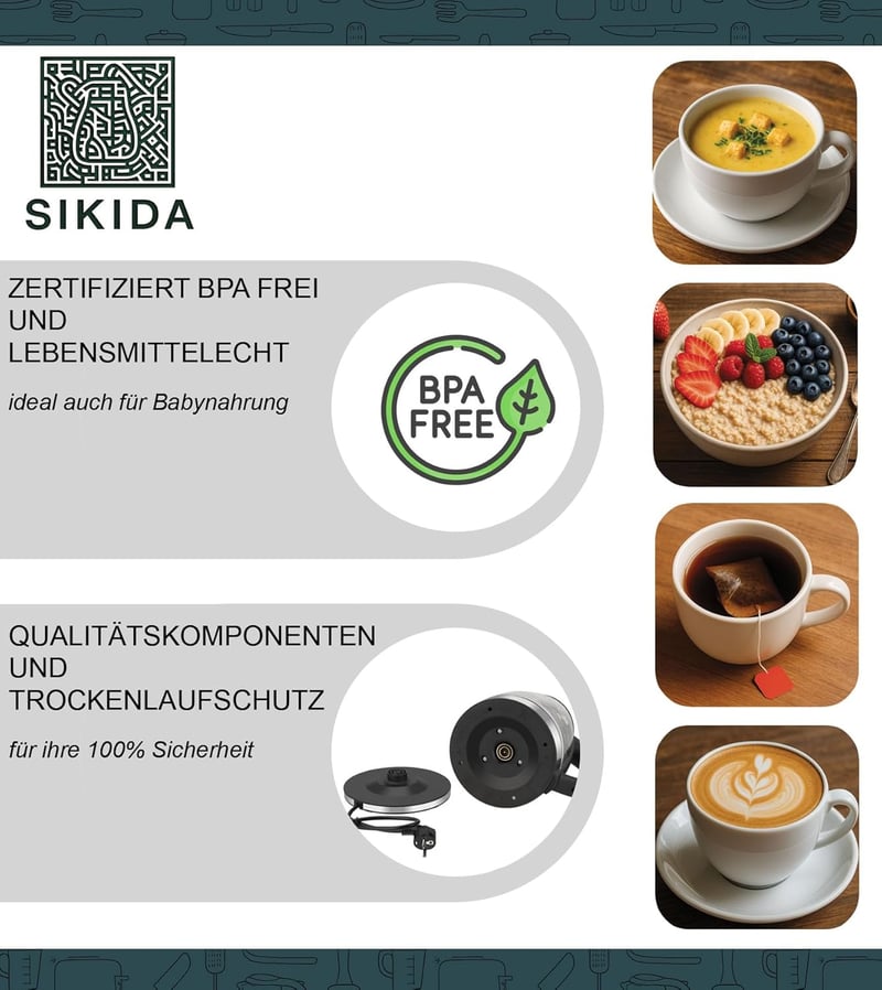 Sikida 1.8L üveg vízforraló LED világítással, 360° forgatható alap, BPA-mentes