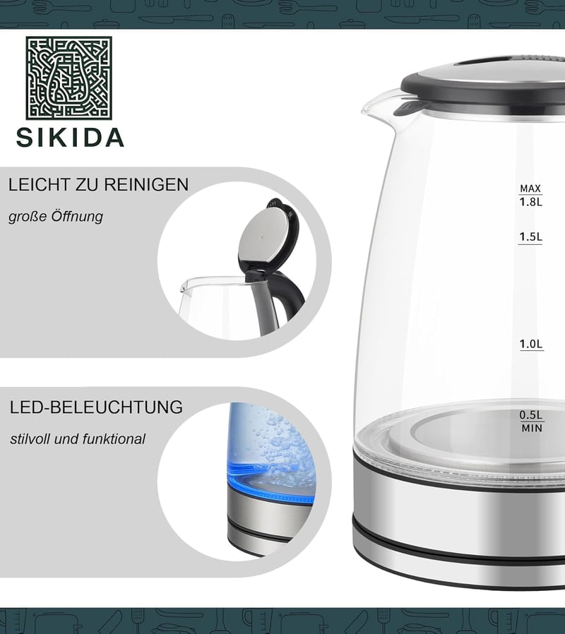 Sikida 1.8L üveg vízforraló LED világítással, 360° forgatható alap, BPA-mentes
