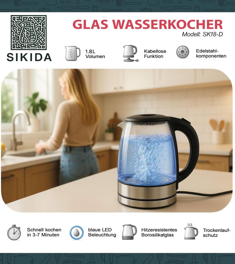 Sikida 1.8L üveg vízforraló LED világítással, 360° forgatható alap, BPA-mentes