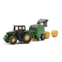 Traktor John Deere so zvinovačom balíkov Siku 1665 a 2 balíkmi, kov a plast, zelený, pohyblivé časti 3