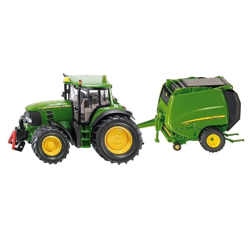Traktor John Deere so zvinovačom balíkov Siku 1665 a 2 balíkmi, kov a plast, zelený, pohyblivé časti