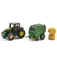 Traktor John Deere so zvinovačom balíkov Siku 1665 a 2 balíkmi, kov a plast, zelený, pohyblivé časti 4
