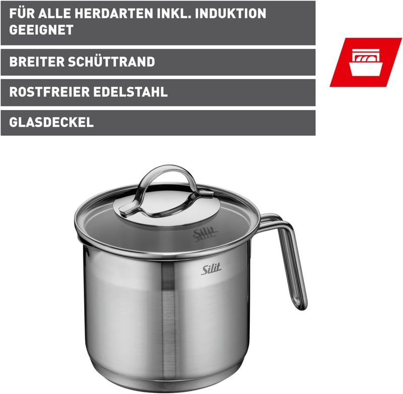Silit Tejfőző Edény 14cm 1,7L Rozsdamentes Acél Üvegfedővel Indukciós