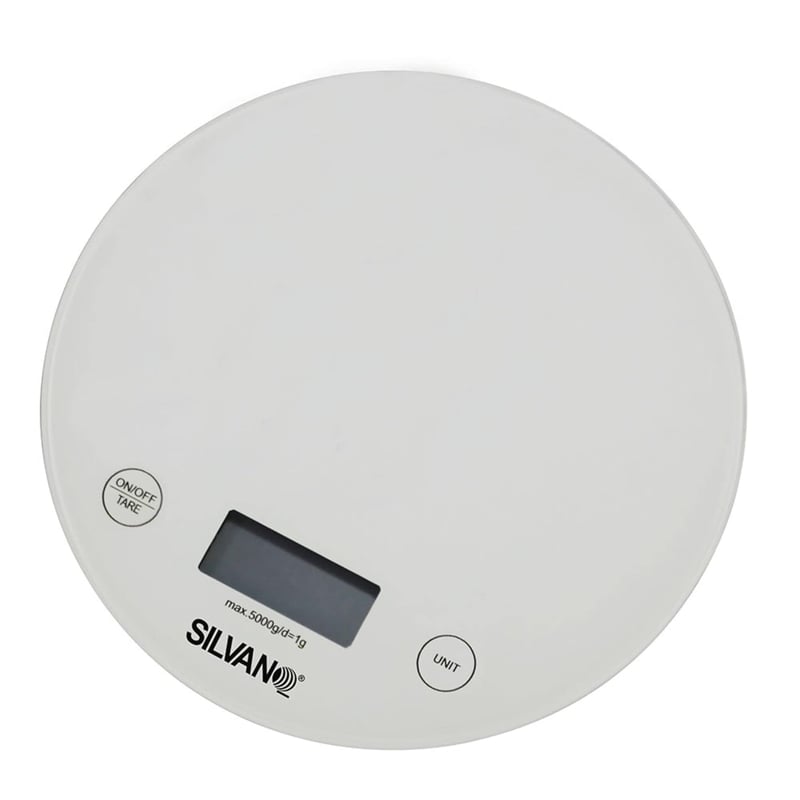 Cântar de bucătărie digital SILVANO - rotund, sticlă albă - max. 5 kg