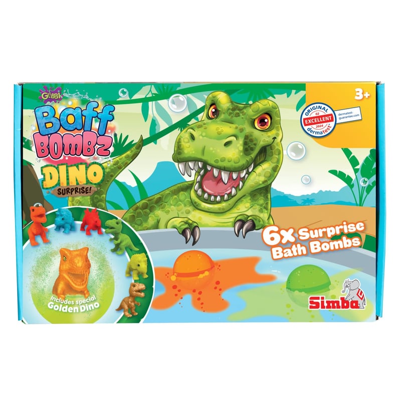 Simba Baff Bombz Dino Surprise šumivé bomby do kúpeľa, 6 ks – s figúrkou dinosaura Glibbi, 3 farby, 100 g, od 3 rokov