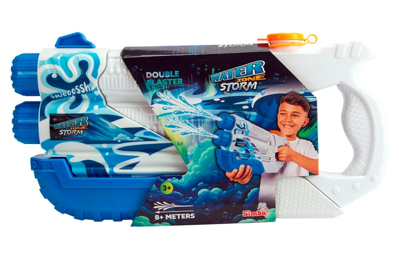 Vodná pištoľ Simba Waterzone Storm Double Blaster, modro-biela, dvojitý prúd, nádrž 900 ml, dostrel 8 m, 36 cm, od 3 rokov