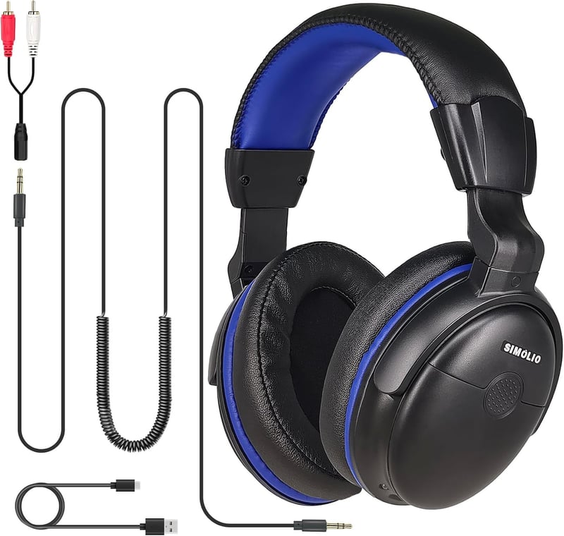 SIMOLIO TV Fejhallgató Hosszú Kábellel, Fülre Illeszkedő Headset Televízióhoz Hangerősítővel, Hangszín és Hangerő Szabályozás, 5,5m Spirál K