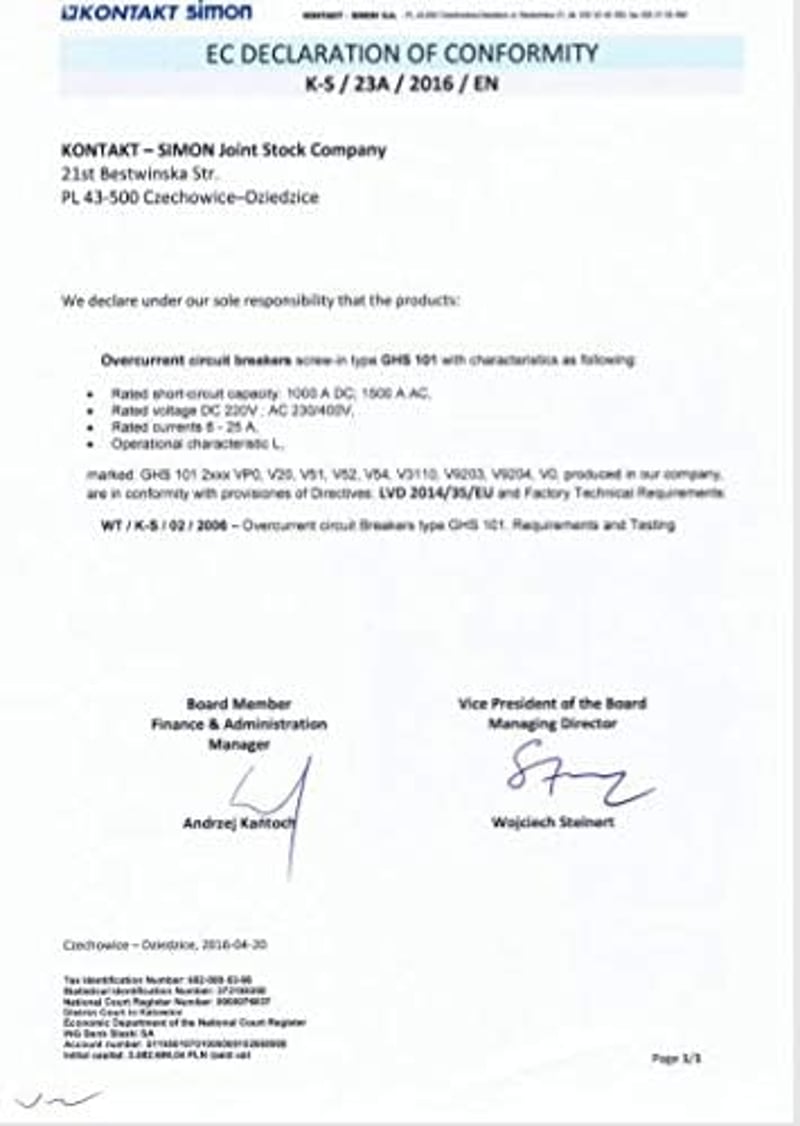 Simon Kontakt Automata Biztosító Csavar 20A Európai Minőség