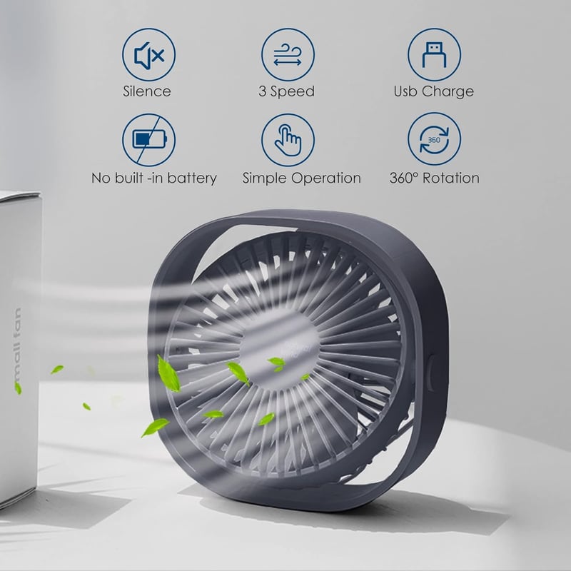 Simpeak USB Asztali Ventilátor, Csendes Mini Ventillátor 3 Fokozat, 360° Forgatható Asztali Ventilátor Szürke