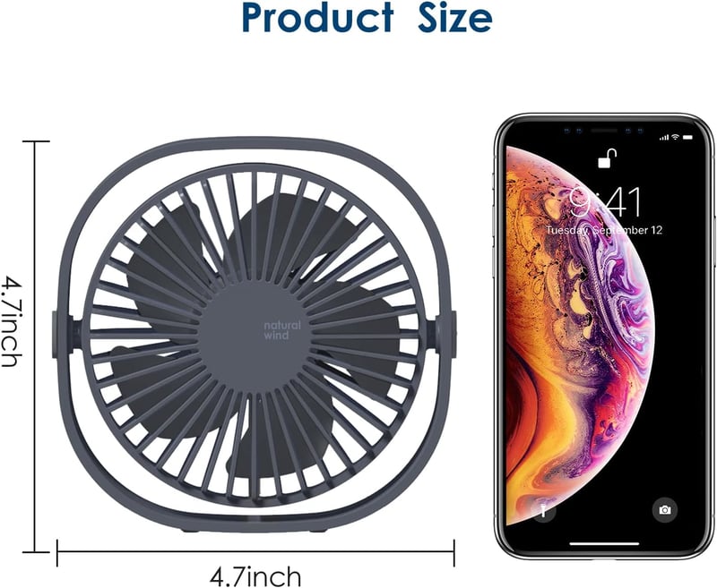 Simpeak USB Asztali Ventilátor, Csendes Mini Ventillátor 3 Fokozat, 360° Forgatható Asztali Ventilátor Szürke