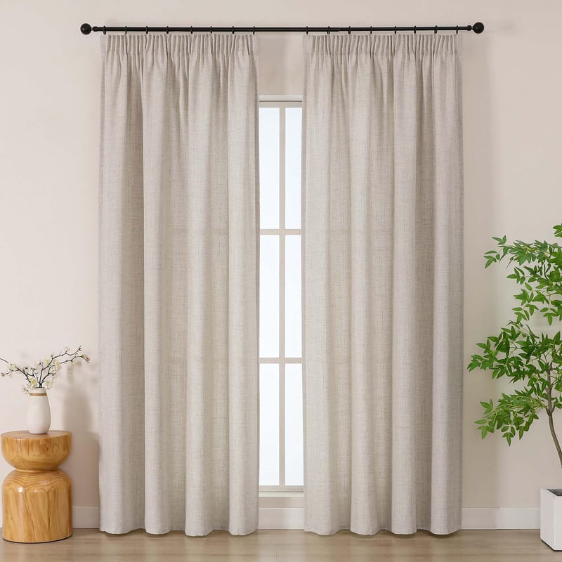 Sada záclon s jednoduchým boho vzhľadom ľanu na garnižu, 2 ks, 229x140 cm, polopriehľadné s riasiacou páskou, do obývačky a spálne