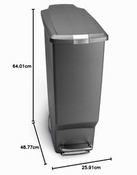 simplehuman CW1363 40-litrový úzky pedálový odpadkový kôš so zámkom veka, tichým zatváraním, vstavanými kolieskami, sivý plast, 26x49x64 cm 5