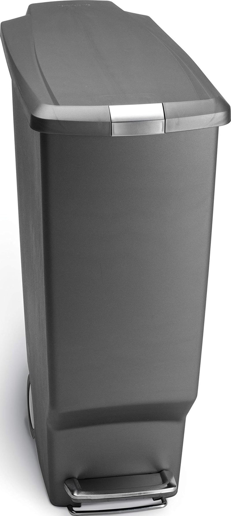 simplehuman CW1363 40-litrový úzky pedálový odpadkový kôš so zámkom veka, tichým zatváraním, vstavanými kolieskami, sivý plast, 26x49x64 cm