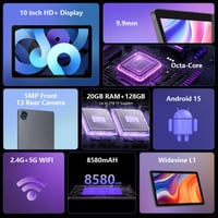 SIMPLORI 10-palcový Android 15 tablet, 20 GB RAM + 128 GB ROM, 8580 mAh, osemjadrový procesor, 5G Wi-Fi, 5 + 13 MP fotoaparát, Bluetooth 5.2, sivý 2