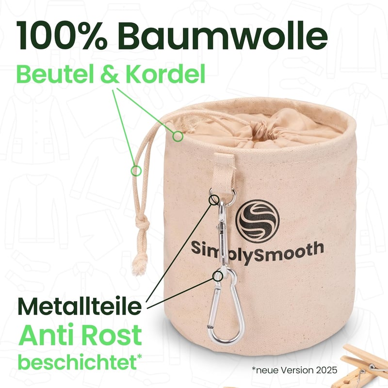 SimplySmooth 100% pamut csipesz tároló táska max 100 db ruhacsipeszhez extra nagy karabinerrel és zárható fedéllel
