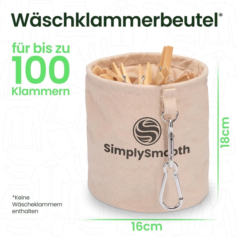 SimplySmooth 100% pamut csipesz tároló táska max 100 db ruhacsipeszhez extra nagy karabinerrel és zárható fedéllel