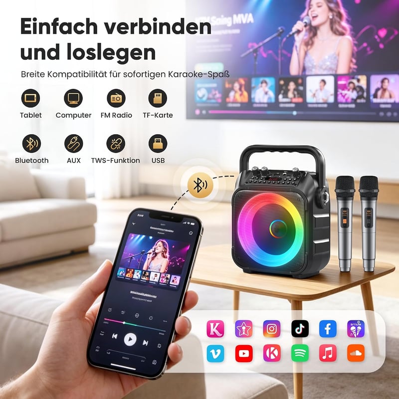 Singingmate Karaoke Gép 2 Vezeték Nélküli Mikrofonnal Bluetooth Hangszóróval