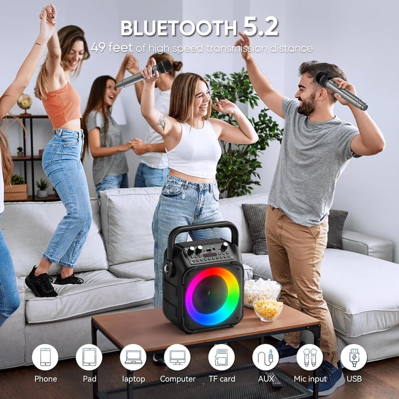 Singingmate Karaoke Gép Bluetooth Hangszóró 2 Vezeték Nélküli Mikrofonnal LED Fénnyel - Black