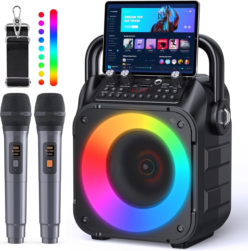 Singingmate Karaoke Gép Bluetooth Hangszóró 2 Vezeték Nélküli Mikrofonnal LED Fénnyel - Black