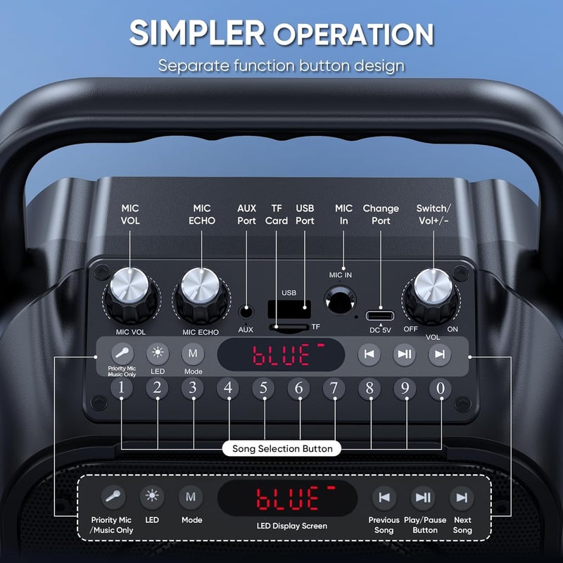 Singingmate Karaoke Gép Bluetooth Hangszóró 2 Vezeték Nélküli Mikrofonnal LED Fénnyel - Black
