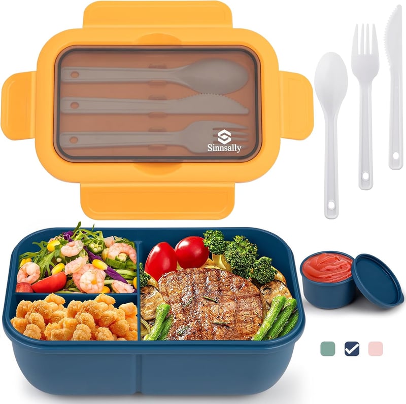 Sinnsally 1250ml Ételhordó 3 Rekeszes Bento Box Evőeszközzel Kék - Bule