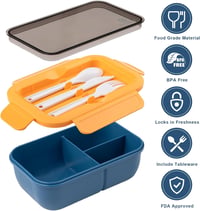 Sinnsally 1250ml Ételhordó 3 Rekeszes Bento Box Evőeszközzel Kék - Bule 3