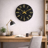 Ceas de Perete Modern Sinsoledad Fără Ticăit, Model Marmură Negru-Auriu, Ceas din Lemn MDF pentru Sufragerie, Bucătărie, Birou și Dormitor 4