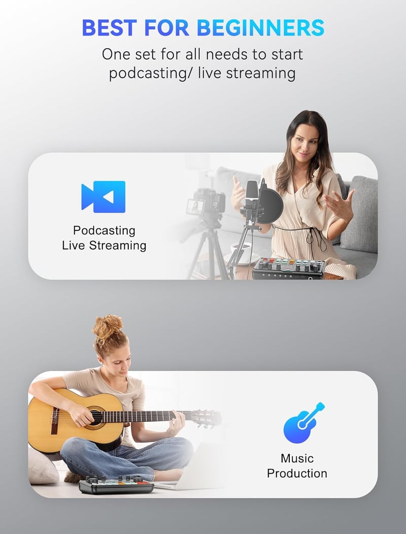 SINWE All-in-One Podcast Set Pro stúdió keverővel és kondenzátormikrofonnal, plug and play hangkártya PC és okostelefonhoz, streameléshez